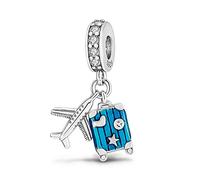 MariaFonte Charm New 2025 Compatibile Tutte Marche Pendente Aereo Trolley Valigia Blu Aeroplano Viaggio Compleanno Anniversario Ciondoli Originale Bead Argento Mamma Portafortuna Cuore Natale