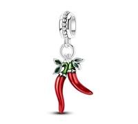 MariaFonte Charm New 2025 Compatibile Tutte Marche Pendente Corno Cornetto Doppio Peperoncino Rosso Compleanno Anniversario Ciondoli Originale Argento 925 Mamma Bead Portafortuna Cuore Natale