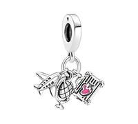 MariaFonte Charm Viaggio Compatibile Tutte Marche Pendente Mondo Mappamondo Aereo Valigia Passaporto Compleanno Anniversario Ciondoli Originale Bead Argento (Aereo Mappamondo Valigia)