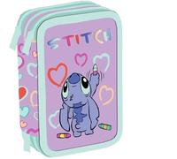 Maricart | Astuccio a Tre Scomparti per Bambino o Bambina da Scuola Elementare, Astuccio Completo di 44 Pezzi a Tre Zip con Portapenne - Stitch
