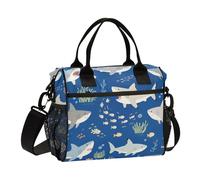 Marine Animal Shark Erba Pesce Blu Scuro Personalizzato Borse Pranzo con Tracolla Grande Womens Lunchbox per College loncheras termicas para Mujer