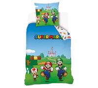 Mario - Copripiumino Super Mario 140 x 200 cm + 1 federa 63 x 63 cm, 100% cotone, verde e blu
