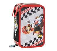 MARIO KART - Astuccio Scuola Ufficiale Mario Kart, Astuccio 3 Scomparti con Set Cancelleria Incluso, Penna Cancellabile Blu, 5 Etichette Adesive, Pratica Chiusura a Zip, 20x13Hx7 cm