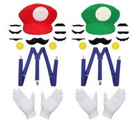 Mario Luigi Costume accessori, cappello, guanti, barba, bottoni gialli, bretelle a Y, costume per travestimento, carnevale, cosplay, per bambini, uomini e donne