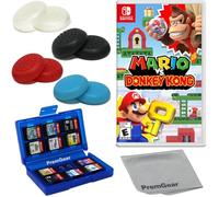 Mario vs. Donkey Kong per Nintendo Switch (versione USA), con impugnature per pollice PremGear (confezione da 8 - nero, blu, rosso e trasparente), porta carte da gioco a 24 slot e panno di pulizia