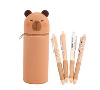 Marjoramy Astuccio 2 in 1 in Morbido Silicone, Astuccio Capibara con 4 Penne, Portapenne da Tavolo, Chiusura con Cerniera, Portapenne Verticale Retrattile, Adatto per Scuola e Ufficio
