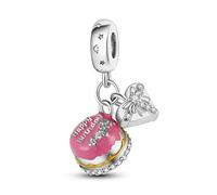 MARJS Ciondolo a forma di torta di buon compleanno, a forma di cuore, regalo per ragazzo e ragazza, in argento Sterling 925, compatibile con braccialetti Pandora e europei