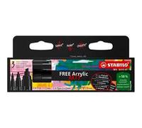 Stabilo FREE Acrylic - Marker acrilico - Pack da 3-1x T100, T300, T800C - con 3 punte diverse - Nero