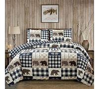 Market & Place Orson Collection - Set copripiumino reversibile con federe, 3 pezzi, per letto king size, motivo: orso e bufalo a quadri, collezione Orson (king size, blu navy/tortora)