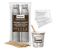 marketcaffe Kit Accessori per Caffe 300 Pz Bicchierini Caffe Carta Espresso Tazzine Biodegradabili 75ml + 300 Pz Palettine in Legno Monouso + 300 Pz Bustine di Zucchero Extra Fine di qualità