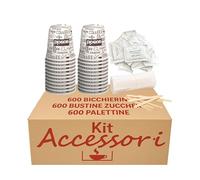 marketcaffe Kit Accessori per Caffe 600 Pz Bicchierini Caffe Carta Espresso Tazzine Biodegradabili 75ml + 600 Pz Palettine in Legno Monouso + 600 Pz Bustine di Zucchero Extra Fine di qualità