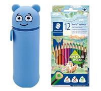 MARKY Astuccio per matite con Design Emoji in Blu, in Silicone Morbido e Resistente, con 12 matite Colorate STAEDTLER Noris Color 187, Formato Triangolare ergonomico, in Legno Riciclato