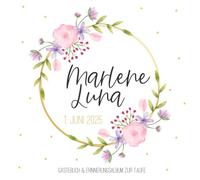 Marlene Luna - Gästebuch & Erinnerungsalbum zur Taufe: Personalisiertes Gästebuch mit vordefinierten Fragen, 100 Seiten, Aquarell Blumenkranz in pink / rosa und gold