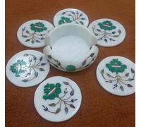 Marmo Sottobicchiere Set Pietra Dura Arte Semi Precious Malachite Arredo Casa