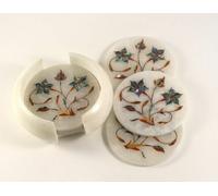 Marmo Tè Sottobicchiere Set Inserto Floreale Lavoro Semi Precious Pietra Casa