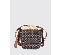 MARNI Borsa a secchiello in legno con ricamo astratto e coulisse OS Blue