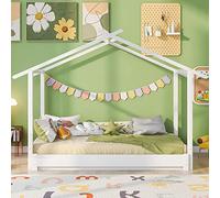 Marooma Lettino da cabina per bambini, con ringhiera di sicurezza e tettuccio 90 x 190 cm, letto estraibile con struttura piatta, telaio in pino massiccio per bambini e ragazzi, bianco