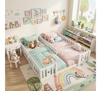 Marooma Letto per Bambini 90x200 cm, Letto Basso a Terra 180x200 cm per 2 Bambini, Letto per Fratelli, Letto Montessori con Protezione Anticaduta, Legno Massello (Bianco-con rete a doghe, 180x200cm)