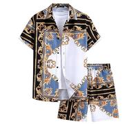 MaroYanYML Completo Uomo 2 Pezzi Lusso Stampa Barocca Set Vintage Camicia a Maniche Corte con Bottoni e Grafica Catena Dorata Pantaloncini Casual con Coulisse Tuta Estiva per Feste in Vacanza