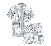 MaroYanYML Completo Uomo 2 Pezzi Lusso Stampa Barocca Set Vintage Camicia a Maniche Corte con Bottoni e Grafica Catena Dorata Pantaloncini Casual con Coulisse Tuta Estiva per Feste in Vacanza