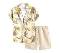 MaroYanYML Costume da Spiaggia Uomo Hawaiano 2 Pezzi Pantaloncini Set con Maglietta a Maniche Corte con Grafica di Foglie di Palma Tropicali e Pantaloncini con Tasche Completo Estivo Boho da Strada