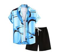 MaroYanYML Costume da Spiaggia Uomo Hawaiano 2 Pezzi Pantaloncini Set con Maglietta a Maniche Corte con Grafica di Foglie di Palma Tropicali e Pantaloncini con Tasche Completo Estivo Boho da Strada