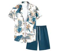 MaroYanYML Costume da Spiaggia Uomo Hawaiano 2 Pezzi Pantaloncini Set con Maglietta a Maniche Corte con Grafica di Foglie di Palma Tropicali e Pantaloncini con Tasche Completo Estivo Boho da Strada