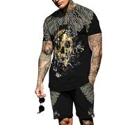 MaroYanYML Set di Due Pezzi Uomo Tatuaggio Scheletro Vichingo T-Shirt e Pantaloncini Stampati in 3D Set Tuta Estiva Tempo Libero Abbigliamento Sportivo all'aperto