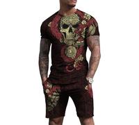 MaroYanYML Set di Due Pezzi Uomo Tatuaggio Scheletro Vichingo T-Shirt e Pantaloncini Stampati in 3D Set Tuta Estiva Tempo Libero Abbigliamento Sportivo all'aperto