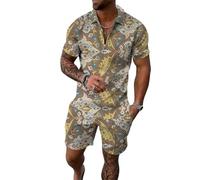 MaroYanYML Uomini Acquerello botanico Uccello Stampa Due Pezzi Set Mezzo Collare Zip Textured Polo Top & Corrispondente Shorts Vacanza Estiva Abiti Casual