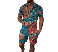 MaroYanYML Uomini Acquerello botanico Uccello Stampa Due Pezzi Set Mezzo Collare Zip Textured Polo Top & Corrispondente Shorts Vacanza Estiva Abiti Casual
