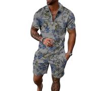MaroYanYML Uomini Acquerello botanico Uccello Stampa Due Pezzi Set Mezzo Collare Zip Textured Polo Top & Corrispondente Shorts Vacanza Estiva Abiti Casual