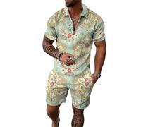 MaroYanYML Uomini Acquerello botanico Uccello Stampa Due Pezzi Set Mezzo Collare Zip Textured Polo Top & Corrispondente Shorts Vacanza Estiva Abiti Casual