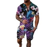 MaroYanYML Uomini Acquerello botanico Uccello Stampa Due Pezzi Set Mezzo Collare Zip Textured Polo Top & Corrispondente Shorts Vacanza Estiva Abiti Casual