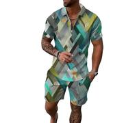 MaroYanYML Uomini Argyle Stampa Due Pezzi Set Mezzo Collare Zip Textured Polo Top & Corrispondente Pantaloni Corti Vacanza Estiva Abiti Casual
