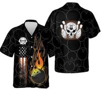 MaroYanYML Uomo Camicia da Bowling Fiamma Bowling Birilli Stampa 3D Camicia con Bottoni Colletto Amante del Bowling Squadra Uniforme Top