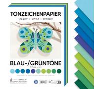 MarpaJansen Carta per disegnare argilla blu/verde, DIN A4, per fai da te e creare, 60 fogli in 10 colori, carta stabile da 130 g/m², certificata con angelo blu, ideale per biglietti e progetti fai da
