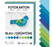 MarpaJansen Cartoncino fotografico blu/verde DIN A4 per fai da te e creare, 60 fogli in 10 colori, 300 g/m², cartone robusto | certificato angelo blu, ideale per biglietti e progetti fai da te