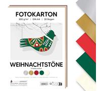 MarpaJansen Cartoncino fotografico natalizio DIN A4 per fai da te e creare, 30 fogli in 5 colori, 300 g/m², cartone stabile, ideale per biglietti e progetti fai da te