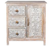 Marrakech - Comò boho con anta e 3 cassetti, in legno bianco, 80 cm, piccola credenza Skandi, per una conservazione elegante e decorazione vintage in soggiorno e camera da letto