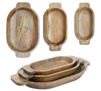 Marrakech - Set di 3 vassoi decorativi boho in legno, ovale, 42, 35 e 30 cm di lunghezza, piatto da portata Kahla come decorazione da tavolo per soggiorno, vassoio da colazione vintage, naturale, per