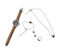 (marrone 3) Elegante orologio da donna con collana, orecchini e bracciale, set di orologi con cinturino