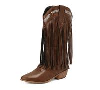Marrone,42,Stivali Alti da Cowboy da Donna, Stivali da Cowgirl alla Moda con Punta Quadrata e Frange, Stivali Western Alti Fino al Ginocchio, Caldi e di Grandi Dimensioni