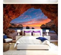 Marrone Carta da Parati Panoramica Tramonto sulla spiaggia e nella grotta Foto Wallpaper Poster Gigante Design 300 x 210 cm Murale Decor della Parete Soggiorno Camera da Letto Carta da Parati Muro