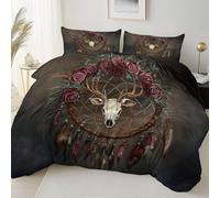 Marrone Copripiumino 200 x 200 cm, Fantasia Animali Alce Acchiappasogni Stampato Set Letto Matrimoniale Anallergico Completo in Microfibra con Cerniera -1 Copripiumini + 2 Federa 50 x 75 cm