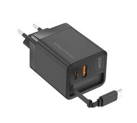 Mars Gaming MD-GAN65R, Caricatore USB-C 65W Ultracompatto, Ricarica Rapida QC 3.0 e PD 3.0, Tecnologia GaN, Cavo Retrattile Piatto 65cm, 9 Protezioni, Porta USB-A e USB-C, Spina Europea Tipo C, Nero