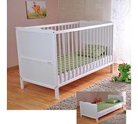 Marsell - Lettino per bambini con materasso in schiuma con rivestimento con aloe vera e sbarre protettive, regolabile in altezza, trasformabile in una culla, di colore bianco