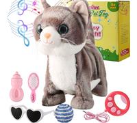 Marsjoy Guinzaglio grigio Walking Cat Set Canto Che Fusa e Miagola Animato Peluche Robot Gattino In Movimento Realistico Peluche Telecomando Carino Kawai Robotic Kitty Giocattolo per Bambino