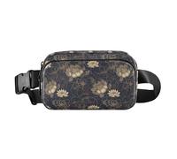 Marsupio a righe blu navy e acquerello oceano donne uomini adolescenti elegante marsupio per allenamento corsa escursionismo, Fiori di loto d'oro lussuosi, 1 Size