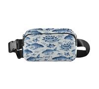 Marsupio a tracolla alla moda in porcellana blu e bianca con motivo a carpa, per uomini e donne, piccola borsa da cintura con tracolla regolabile per shopping, sport, lavoro